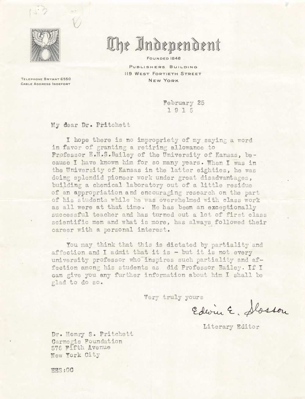 Edwin Emery Slosson Science Service Chemist Antique Autograph Signed Letter 1915
