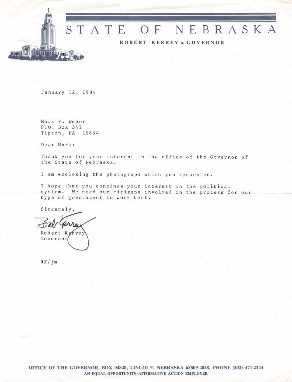 Bob Kerry Nebraska Governor Navy Seal Autograph Signed Letter 1984