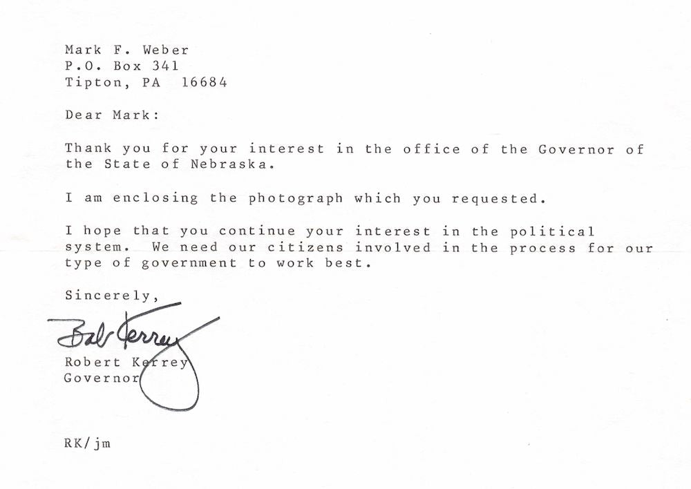 Bob Kerry Nebraska Governor Navy Seal Autograph Signed Letter 1984