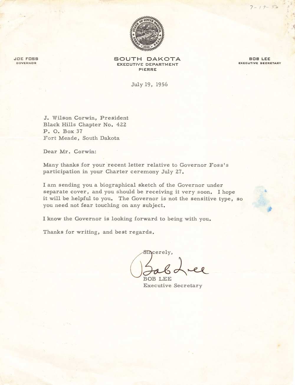 South Dakota Executive for Governor Joe Foss Autograph Signed Letter 1956