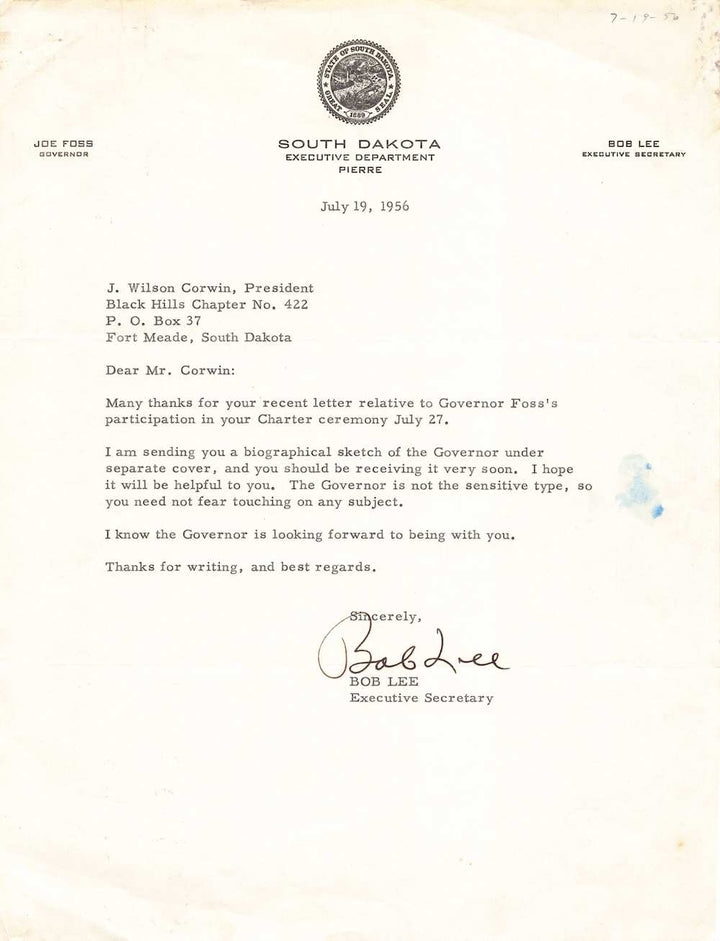 South Dakota Executive for Governor Joe Foss Autograph Signed Letter 1956