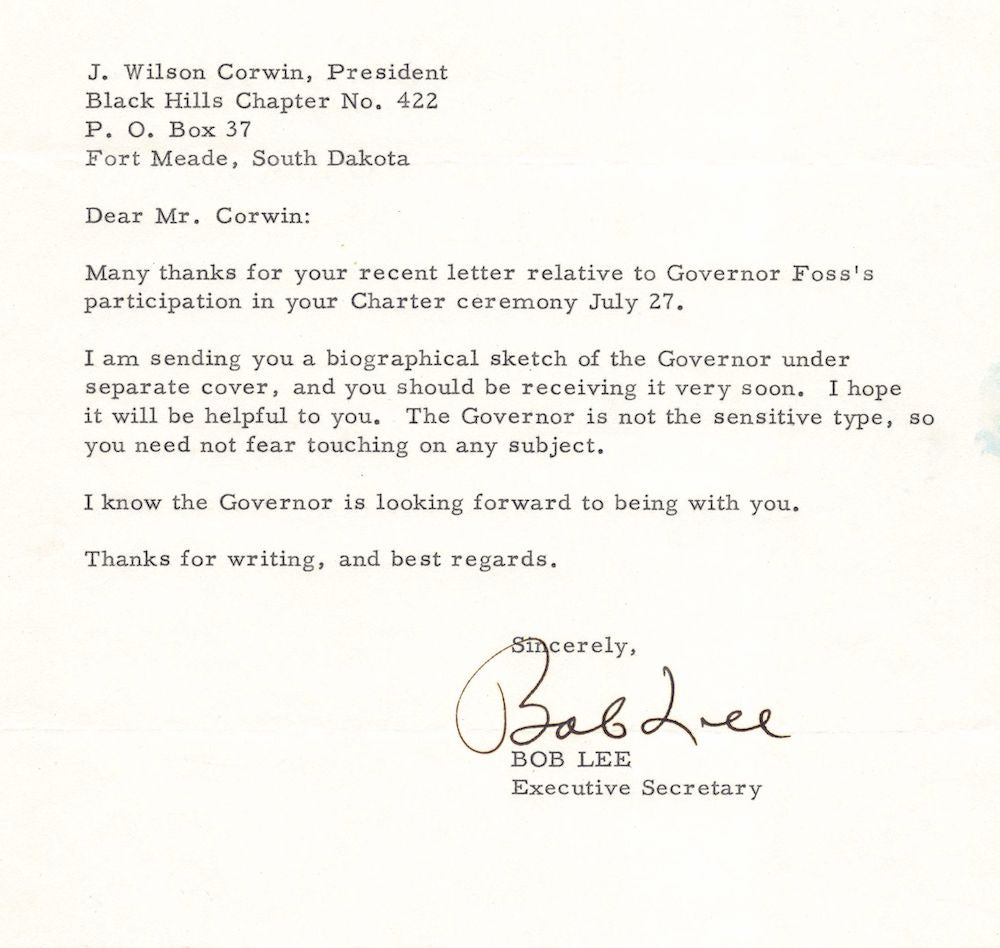 South Dakota Executive for Governor Joe Foss Autograph Signed Letter 1956