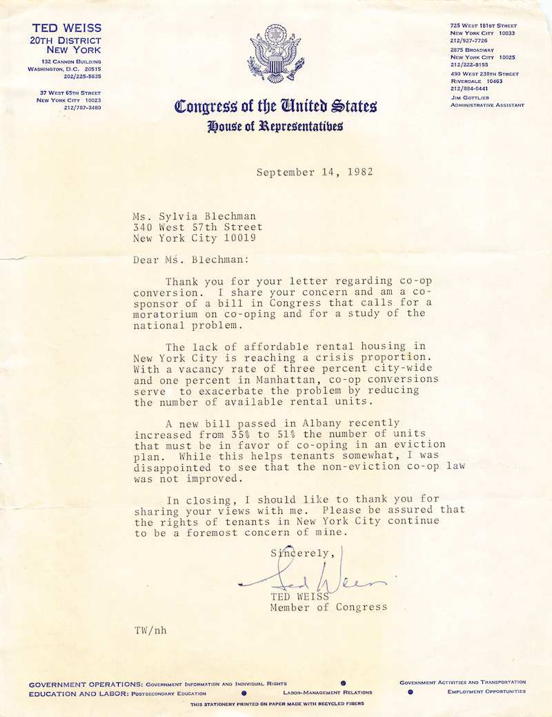 Ted Weiss New York Congress Autograph Signed Affordable Housing Letter 1982