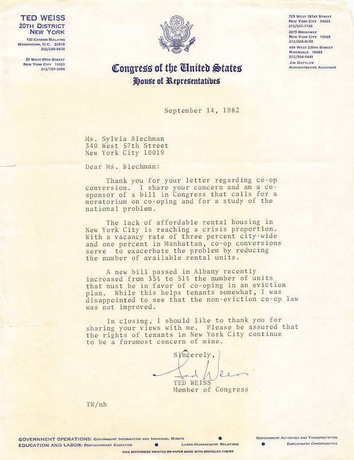 Ted Weiss New York Congress Autograph Signed Affordable Housing Letter 1982