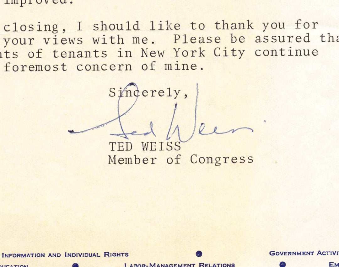 Ted Weiss New York Congress Autograph Signed Affordable Housing Letter 1982