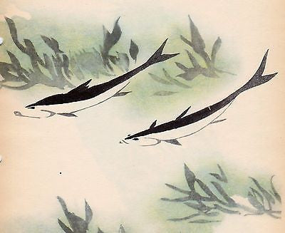 ASIAN FISH SCENE VINTAGE 1950s JUNG PAO-DSAI CHINESE GRAPHIC ART POSTER PRINT - K-townConsignments
