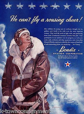 US BOMBER PILOT BENDIX AVIATION VINTAGE WWII HOMEFRONT GRAPHIC ADVERTISING PRINT - K-townConsignments