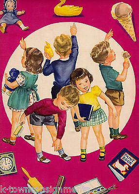 LITTLE BOYS & GIRLS WITH TOYS VINTAGE 1940s LARGE GRAPHIC ILLUSTRATION PRINT - K-townConsignments