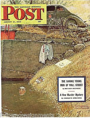 COOL DIP IN THE POND NORMAN ROCKWELL VINTAGE GRAPHIC POST MAGAZINE COVER PRINT - K-townConsignments