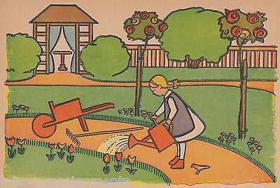 LITTLE GIRLS YARD PARK FLOWER GARDEN SCENE ANTIQUE GRAPHIC ART NURSERY PRINT - K-townConsignments