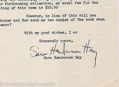SARA HENDERSON HAY MODERN POET VINTAGE AUTOGRAPH SIGNED STATIONERY LETTERHEAD - K-townConsignments