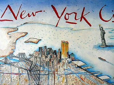 NEW YORK CITY MANHATTAN WORLD TRADE TWIN TOWERS VINTAGE POSTER ART BY COBER 1985 - K-townConsignments