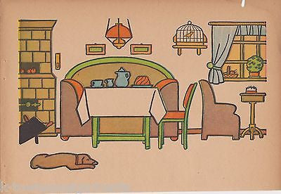 LAZY PUPPY DOG LIVING ROOM FOLK ART HOME SCENE ANTIQUE GRAPHIC ART NURSERY PRINT - K-townConsignments