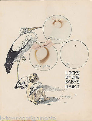 Locks of Our Baby's Hair Vintage 1900s Albertine Randall Wheelan Stork Art Print - K-townConsignments