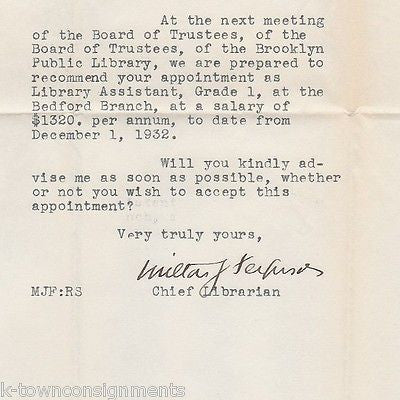 MILTON FERGUSON BROOKLYN PUBLIC LIBRARY NYC ANTIQUE AUTOGRAPH SIGNED STATIONERY - K-townConsignments