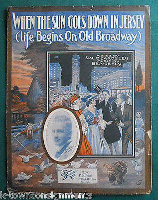 SUN GOES DOWN IN JERSEY LIFE BEGINS ON BROADWAY ANTIQUE GRAPHIC ART SHEET MUSIC - K-townConsignments