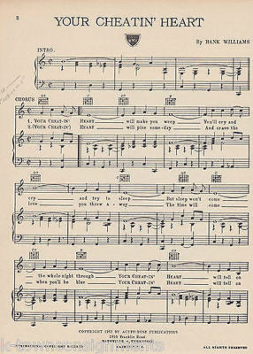 HANK WILLIAMS YOUR CHEATIN' HEART VINTAGE 1950s MGM RECORDS COUNTRY SHEET MUSIC - K-townConsignments