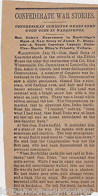 GENERAL BASIL DUKE CONFEDERATE CIVIL WAR ANTIQUE 1870s NEWSPAPER CLIPPING - K-townConsignments