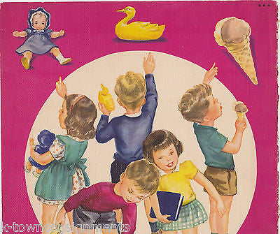 LITTLE BOYS & GIRLS WITH TOYS VINTAGE 1940s LARGE GRAPHIC ILLUSTRATION PRINT - K-townConsignments