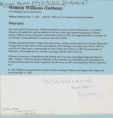 WILLIAM WILLIAMS UNION CIVIL WAR PAYMASTER INDIANA ANTIQUE AUTOGRAPH SIGNATURE - K-townConsignments