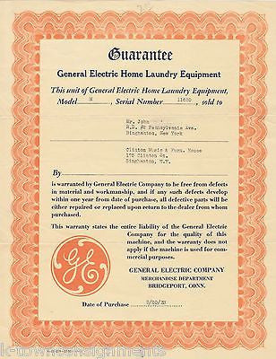 GENERAL ELECTRIC LAUNDRY WASHER DRYER ANTIQUE SALES WARRANTY CERTIFICATE 1933 - K-townConsignments