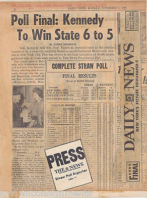 JOHN F. KENNEDY WINS NY PRESIDENTIAL ELECTION RESULTS 1960 SCRAPBOOK NEWS PAGE - K-townConsignments