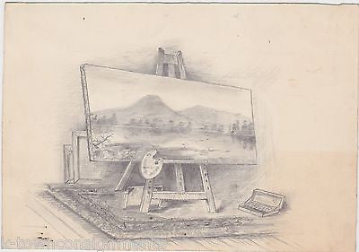 ARTISTS PAINTING EASEL SCENE UNUSUAL ORIGINAL PENCIL SKETCH DRAWING UNSIGNED - K-townConsignments