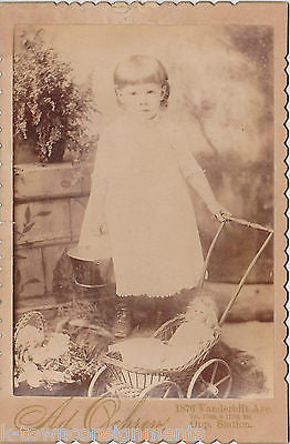 VICTORIAN GIRL W/ BLONDE DOLL IN CARRIAGE ANTIQUE 1870s CABINET PHOTOGRAPH - K-townConsignments