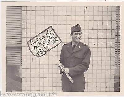WWII MILITARY MAN HOLDING MEXICO CITY RESTAURANT SIGN VINTAGE SNAPSHOT PHOTO - K-townConsignments