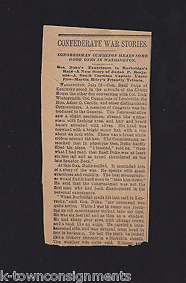 GENERAL BASIL DUKE CONFEDERATE CIVIL WAR ANTIQUE 1870s NEWSPAPER CLIPPING - K-townConsignments
