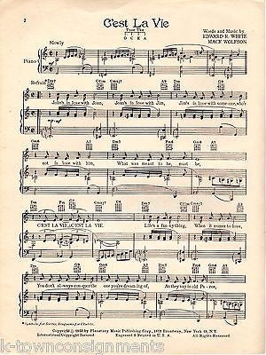SARAH VAUGHAN C'EST LA VIE VINTAGE SHEET MUSIC SONG & LYRICS PLANETARY MUSIC CO - K-townConsignments