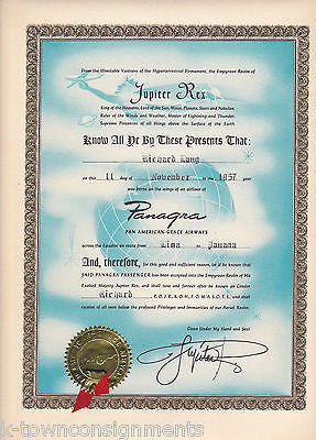 PAN-AMERICAN GRACE AIRLINES PANAGRA VINTAGE 1957 JUPITER REX GRAPHIC CERTIFICATE - K-townConsignments