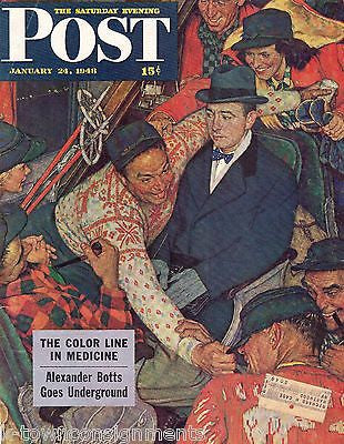 TRAIN SKI TRIP CROWD NORMAN ROCKWELL VINTAGE GRAPHIC POST MAGAZINE COVER PRINT - K-townConsignments