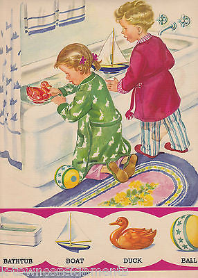 LITTLE BOY & GIRL AT BATH TIME VINTAGE 1940s LARGE GRAPHIC ILLUSTRATION PRINT - K-townConsignments