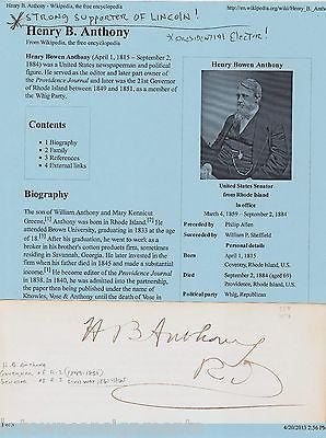 HENRY B. ANTHONY RHODE ISLAND GOVERNOR ANTIQUE AUTOGRAPH SIGNATURE - K-townConsignments