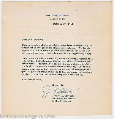JUANITA ROBERTS PRESIDENT JOHNSON SECRETARY AUTOGRAPH SIGNED WHITE HOUSE LETTER - K-townConsignments