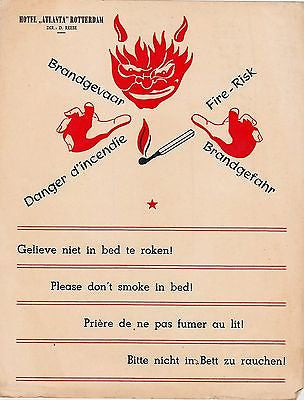 HOTEL ATLANTA ROTTERDAM NETHERLANDS VINTAGE FIRE DEVIL ANTI-SMOKING AD FLYER - K-townConsignments