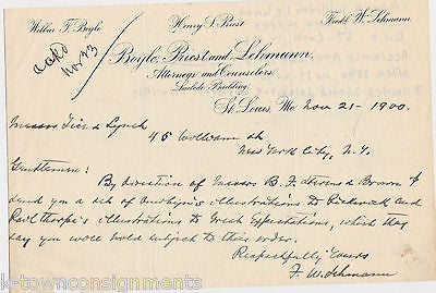 FREDERICK LEHMANN US SOLICITOR GENERAL ORIGINAL AUTOGRAPH SIGNED STATIONERY 1900 - K-townConsignments