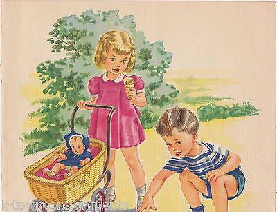 LITTLE GIRL & BOY PLAY WITH TOYS VINTAGE 1940s LARGE GRAPHIC ILLUSTRATION PRINT - K-townConsignments