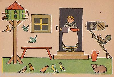 OLD MOTHERS BIRD FEEDER FOLK ART FARM SCENE ANTIQUE GRAPHIC ART NURSERY PRINT - K-townConsignments