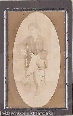 HANDSOME YOUNG MAN READING A BOOK FOR CAMERA ANTIQUE PHOTO ON BOARD - K-townConsignments
