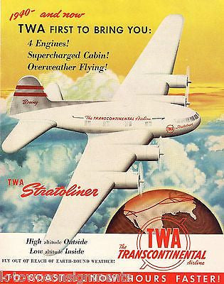 TWA TRANSCONTINENTAL AIRLINE STRATOLINER GRAPHIC ADVERTISING POSTER PRINT 1940 - K-townConsignments