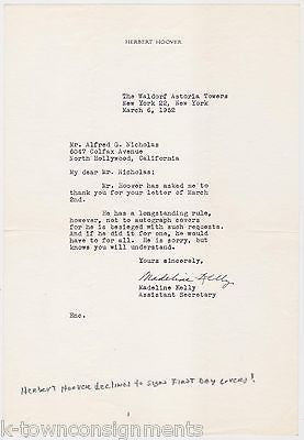 MADELINE KELLY PRESIDENT HOOVER SECRETARY AUTOGRAPH SIGNED WALDORF ASTORIA NOTE - K-townConsignments