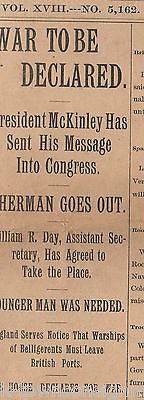 GEN. SHERMAN RESIGNS McKINLEY DECLARES WAR HAVANA BLOCKADE ANTIQUE NEWSPAPER '98 - K-townConsignments