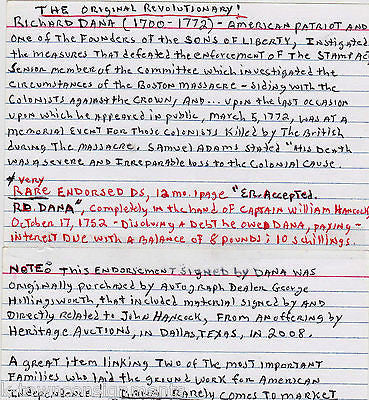 RICHARD DANA SONS OF LIBERTY PATRIOT STAMP ACT COLONIST AUTOGRAPHED NOTE 1752 - K-townConsignments