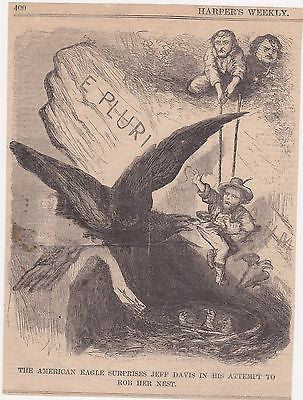 JEFFERSON DAVIS CONFEDERATE ROBS EAGLES NEST ANTIQUE POLITICAL CARTOON ENGRAVING - K-townConsignments