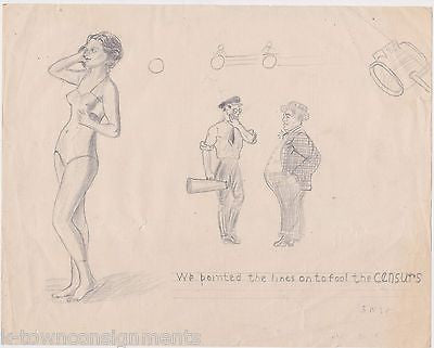 HOLLYWOOD MOVIE RATINGS HUMOR VINTAGE PIN-UP GIRL & TV DIRECTOR CARTOON DRAWING - K-townConsignments