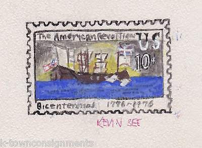 AMERICAN REVOLUTION NAVAL SHIPS VINTAGE PAINTED POSTAGE STAMP ART DRAWING SKETCH - K-townConsignments