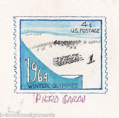 1964 WINTER OLYMPICS SKIING VINTAGE PAINTED POSTAGE STAMP ART DRAWING SKETCH - K-townConsignments