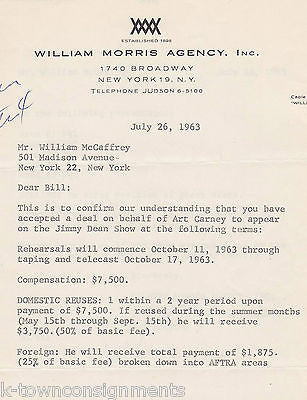 ART CARNEY JIMMY DEAN SHOW WILLIAM MORRIS AGENCY SIGNED TV APPEARANCE CONTRACT - K-townConsignments